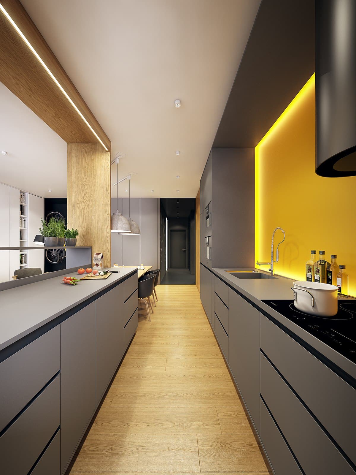 Combinaison d'armoires de cuisine grises et jaunes
