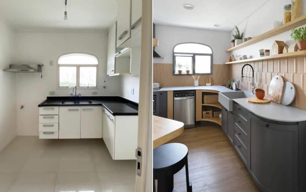 Avant et après table de cuisine avec comptoir en marbre