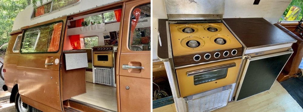 Une petite cuisine basique conçue dans un van.