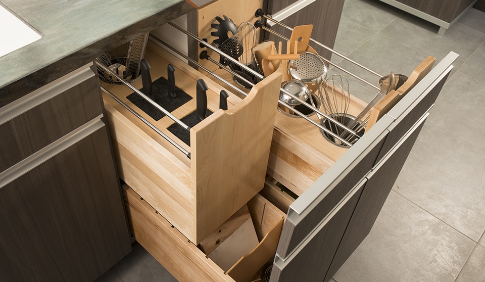 Organisateur d'ustensiles de cuisine à 2 niveaux pour armoire basse coulissante